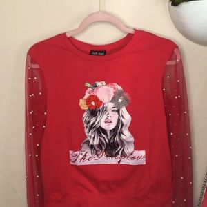 Beautiful red long sleeve flower appliqué +pearls